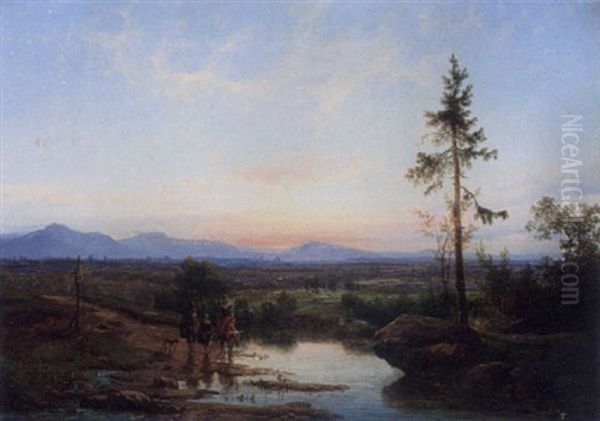 A Family Crossing A River In A River Landscape At Dusk Oil Painting by Cornelis Lieste