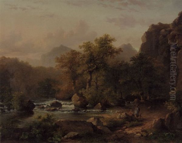 Travellers Conversing Along A Torrent In A Mountainous Landscape by Cornelis Lieste