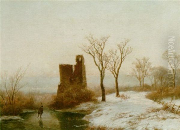 A Skater Near A Ruin Oil Painting by Cornelis Lieste