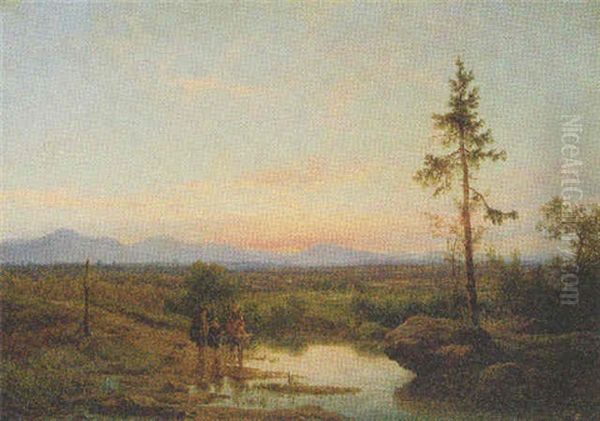 A Family Crossing A River In A Hilly Landscape At Dusk Oil Painting by Cornelis Lieste