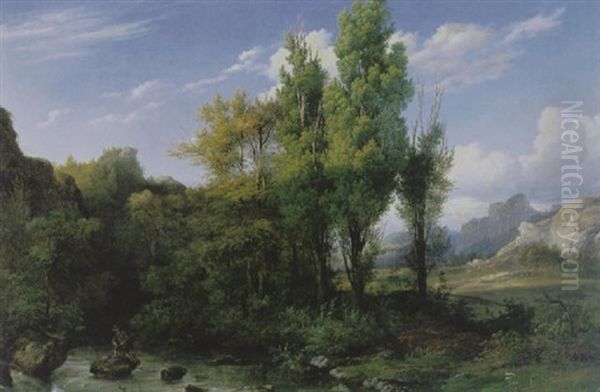 Bosachtig Berglandschap Met Visser Bij Een Beekje Oil Painting by Cornelis Lieste