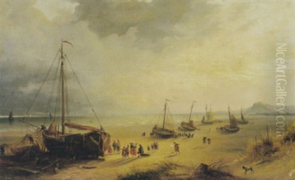 Strandgezicht Met Bomschuiten Op Het Strand Oil Painting by Cornelis Lieste