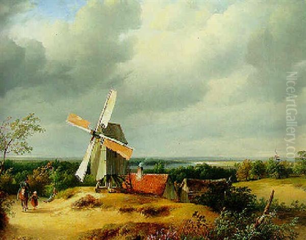 A Panoramic River Landscape With Figures Passing A Windmill by Cornelis Lieste