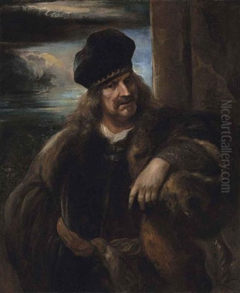 Portrait Of A Man, Half-length, In A Fur Coat And A Velvet Cap, An Extensive Landscape Beyond Oil Painting by Jan Lievens