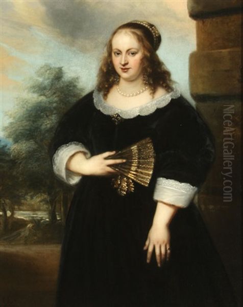 A Portrait Of A Lady Holding A Fan With Garden In Background by Jan Lievens