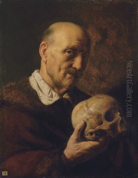 A Vanitas, An Old Man, In A Fur-lined Coat, Holding A Skull Oil Painting by Jan Lievens