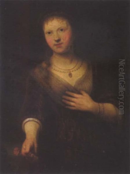 Bildnis Einer Jungen Dame, Die Eine Rote Necke In Der Hand Halt Oil Painting by Jan Lievens