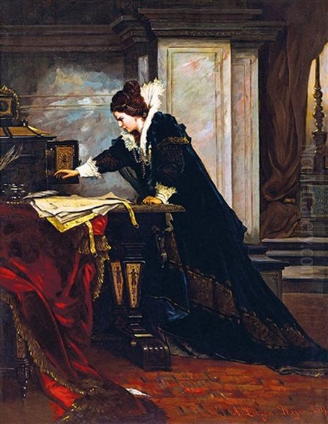 Queen Elisabeth Signing The Death Sentence Of Mary Stuart, 1879 Oil Painting by Alexander von Liezen-Mayer