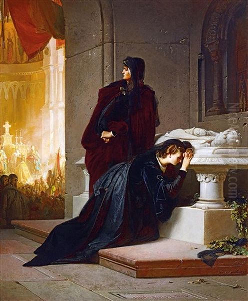 Queen Mary And Elisabeth At The Tomb Of Louis The Great, 1864 Oil Painting by Alexander von Liezen-Mayer