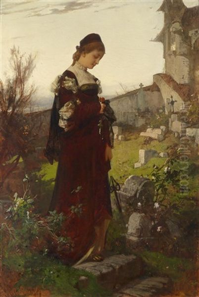 Madchen Auf Einem Friedhof Oil Painting by Alexander von Liezen-Mayer