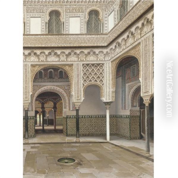 Fuente En Un Patio Moro (fountain In A Moorish Courtyard) Oil Painting by Fernando Liger Hidalgo