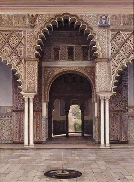 Fuente En Un Patio Moro (fountain In A Moorish Courtyard) Oil Painting by Fernando Liger Hidalgo