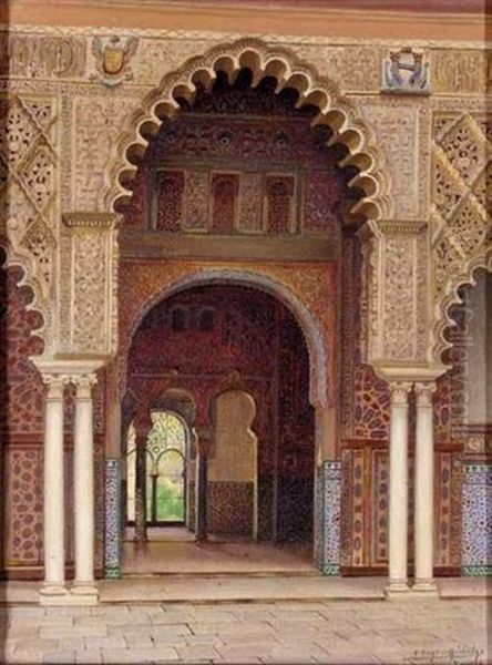 El Patio De Un Palacio Moro, Sevilla (the Courtyard Of A Moorish Palace, Seville) Oil Painting by Fernando Liger Hidalgo