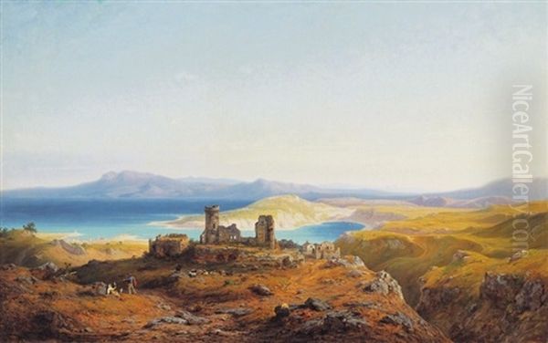 Italiai Tengerpart Romokkal - Italian Seaside With Ruins Oil Painting by Antal Ligeti