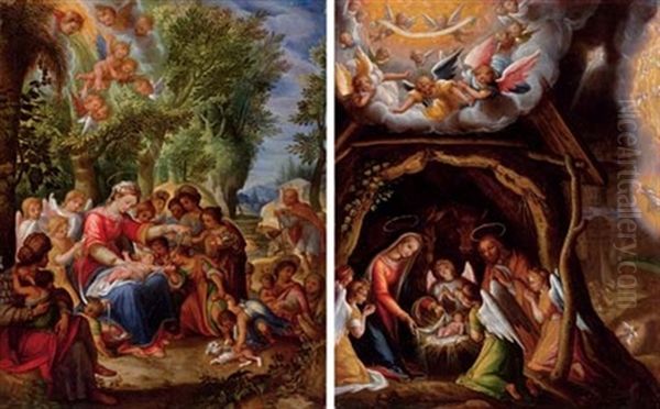 The Virgin Swaddling The Infant Jesus (+ The Nativity; Pair) Oil Painting by Pietro De Lignis