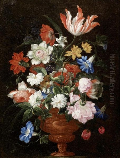 Roses, Tulips, Poppies, Convolvulus And Other Flowers Oil Painting by Bartolommeo Ligozzi