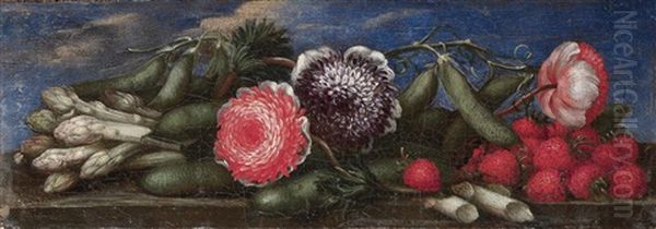 Stillleben Mit Blumen, Erdbeeren Und Spargel Oil Painting by Bartolommeo Ligozzi