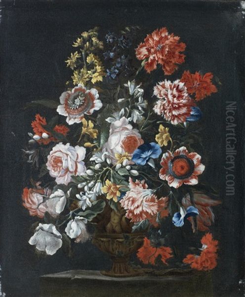 Roses, Carnations, Convolvulus And Other Flowers In A Bronze Urn On A Stone Ledge Oil Painting by Bartolommeo Ligozzi