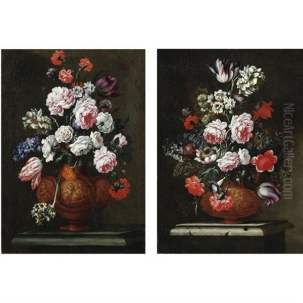 Nature Morte Di Fiori Con Vasi Istoriati (pair) Oil Painting by Bartolommeo Ligozzi