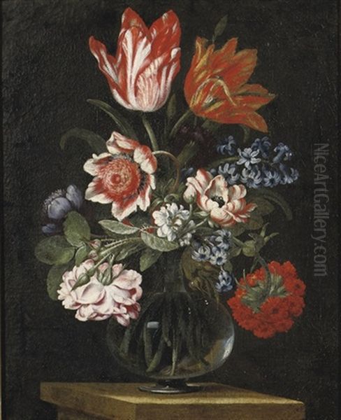 Tulips, A Rose, Violettes And Other Flowers In A Glass Vase On A Stone Ledge Oil Painting by Bartolommeo Ligozzi