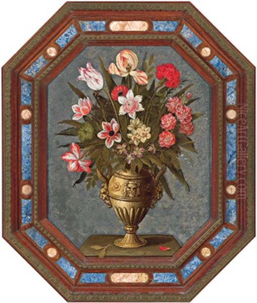 Ein Blumenstraus Mit Tulpen, Nelken, Narzissen, Astern Und Passionsblumen In Einer Prunkvase - Un Mazzo Di Fiori Con Tulipani, Garofani, Astri, E Passiflore In Un Vaso Decorativo Oil Painting by Bartolommeo Ligozzi