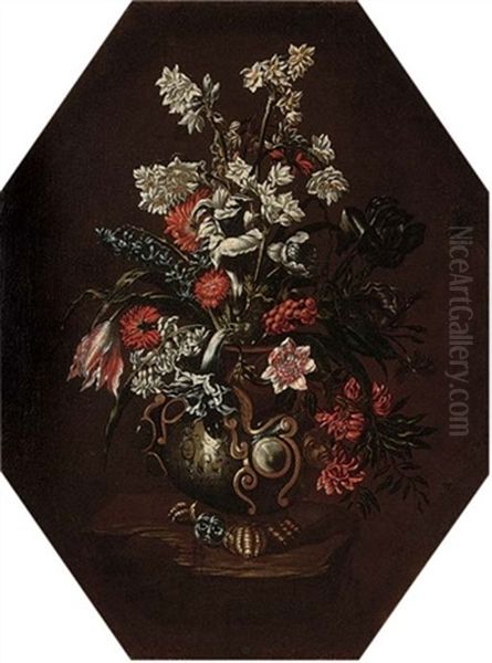 Narcissi, Carnations, Tulips, Morning Glory And Other Flowers In A Vase On A Ledge Oil Painting by Bartolommeo Ligozzi