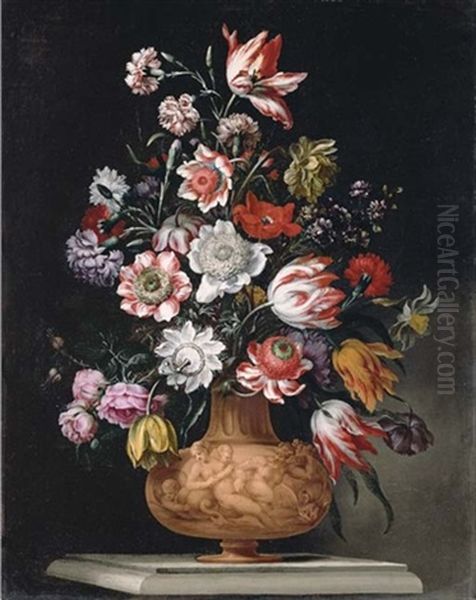 Tulips, Roses And Carnations And A Narcissus In A Sculped Urn On A Stone Ledge Oil Painting by Bartolommeo Ligozzi