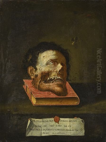 A Decapitated Head Upon A Book, A Macabre Momento Mori Oil Painting by Jacopo Ligozzi