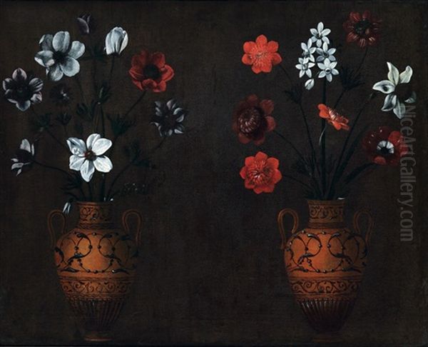 Zwei Braune Henkelvasen Mit Blumenstrausen Oil Painting by Jacopo Ligozzi