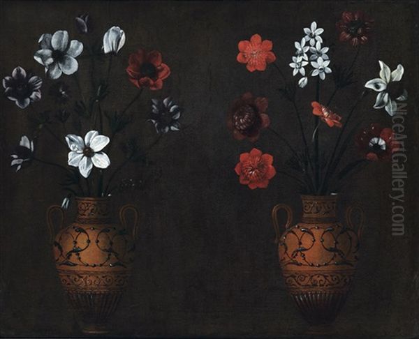 Zwei Braune Henkelvasen Mit Blumenstrausen by Jacopo Ligozzi