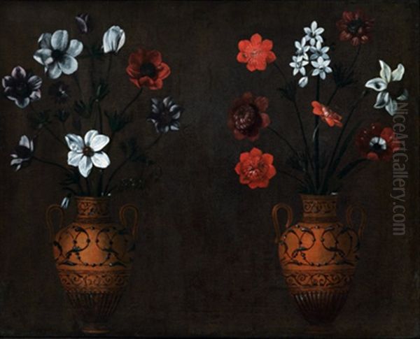 Zwei Braune Henkelvasen Mit Blumenstrausen Oil Painting by Jacopo Ligozzi