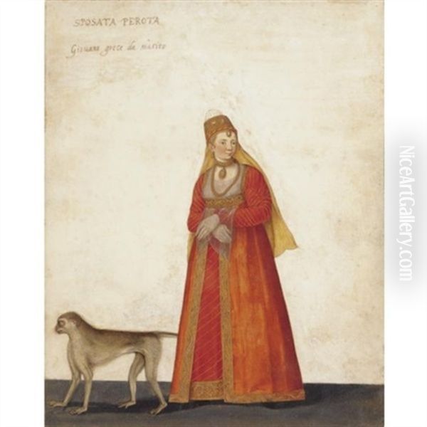 A Married Periot Greek Woman With A Monkey Oil Painting by Jacopo Ligozzi