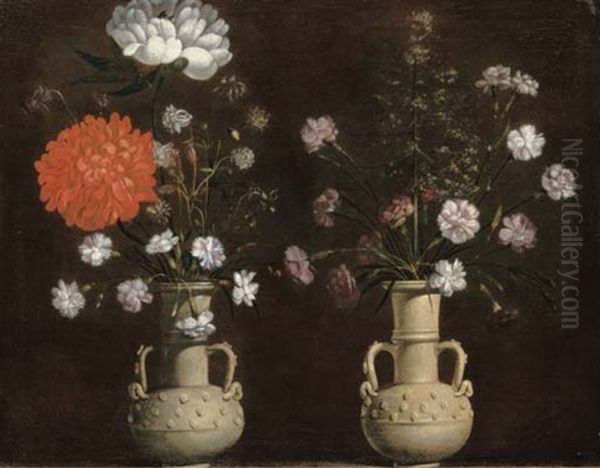 Two Grey Terracotta Vases With Flowers Oil Painting by Jacopo Ligozzi