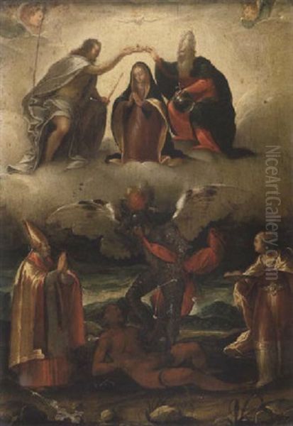 The Coronation Of The Virgin With Saints Carlo Borromeo, Agatha And Saint Michael Vanquishing The Devil Oil Painting by Jacopo Ligozzi