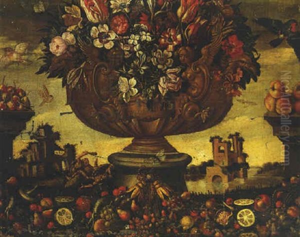 Mixed Flowers In A Sculpted Urn With Fruit On A Ledge, A View To A Ruin Beyond Oil Painting by Jacopo Ligozzi