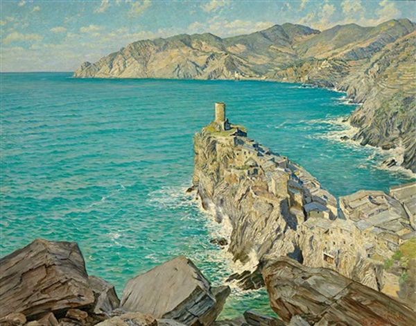 Blick Auf Ligurische Kustenlandschaft Bei Cinque Terre Oil Painting by Walter Lilie