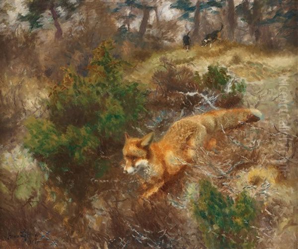 Fox And Hounds Oil Painting by Bruno Liljefors