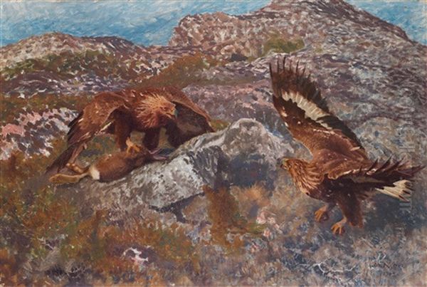 Golden Eagles Attacking A Hare Oil Painting by Bruno Liljefors