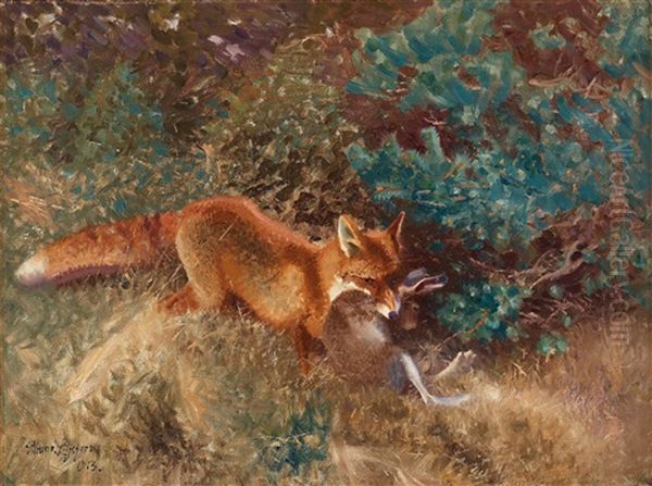 Fox With Prey Oil Painting by Bruno Liljefors