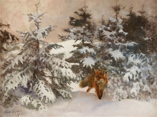 Winter Landscape With Fox Oil Painting by Bruno Liljefors