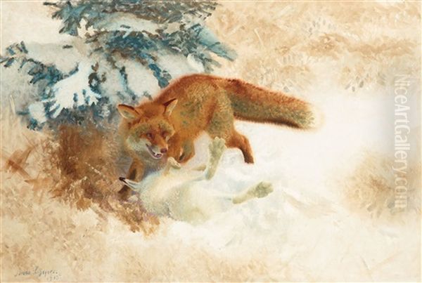 Fox With Hare Oil Painting by Bruno Liljefors