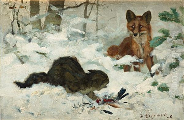 Hunting Cat Surprised By A Fox Oil Painting by Bruno Liljefors