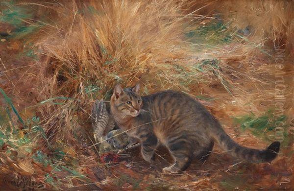 Cat With European Green Woodpecker Oil Painting by Bruno Liljefors