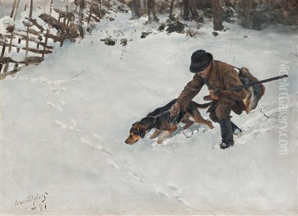 Hunter With Dog Oil Painting by Bruno Liljefors