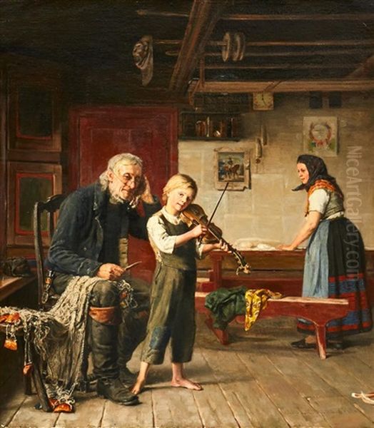 An Interior With A Boy Playing The Violin Oil Painting by Arvid Liljelund