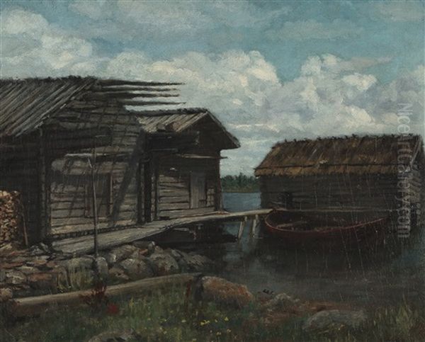 Boat Houses Oil Painting by Arvid Liljelund