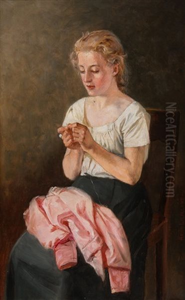 Sewing Girl Oil Painting by Arvid Liljelund