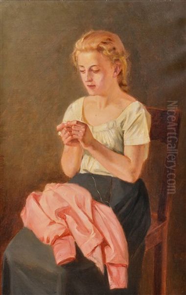 A Sewing Girl Oil Painting by Arvid Liljelund