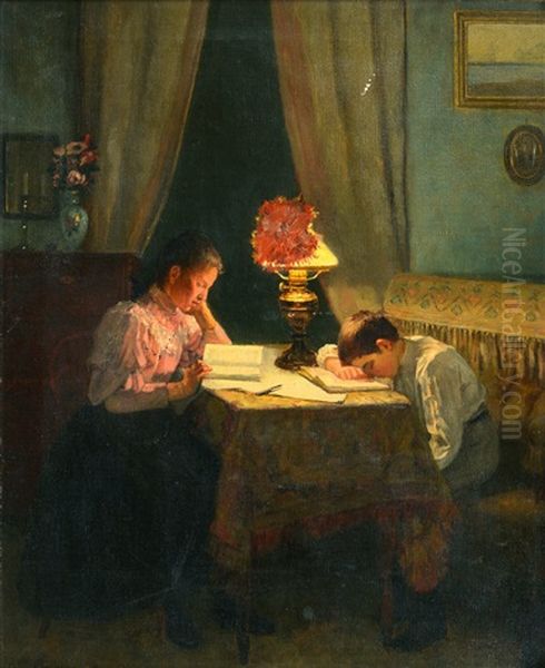 Hard Working (by The Evening Lamp) Oil Painting by Arvid Liljelund