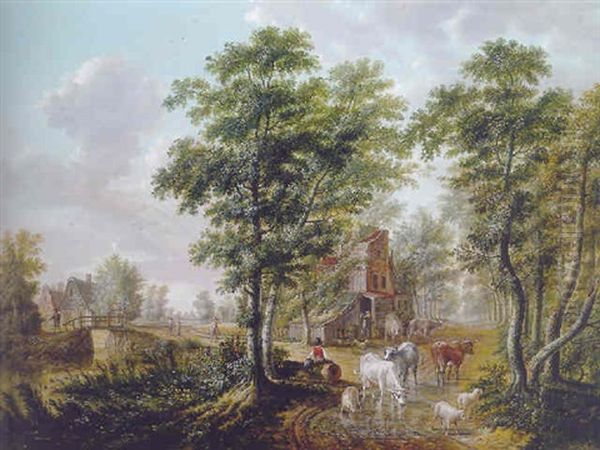 A Peasant Watering Cattle Near A Farmhouse, A Traveller Resting On A Tree Trunk Nearby, In A Wooded Landscape Oil Painting by Jan Van Limmen